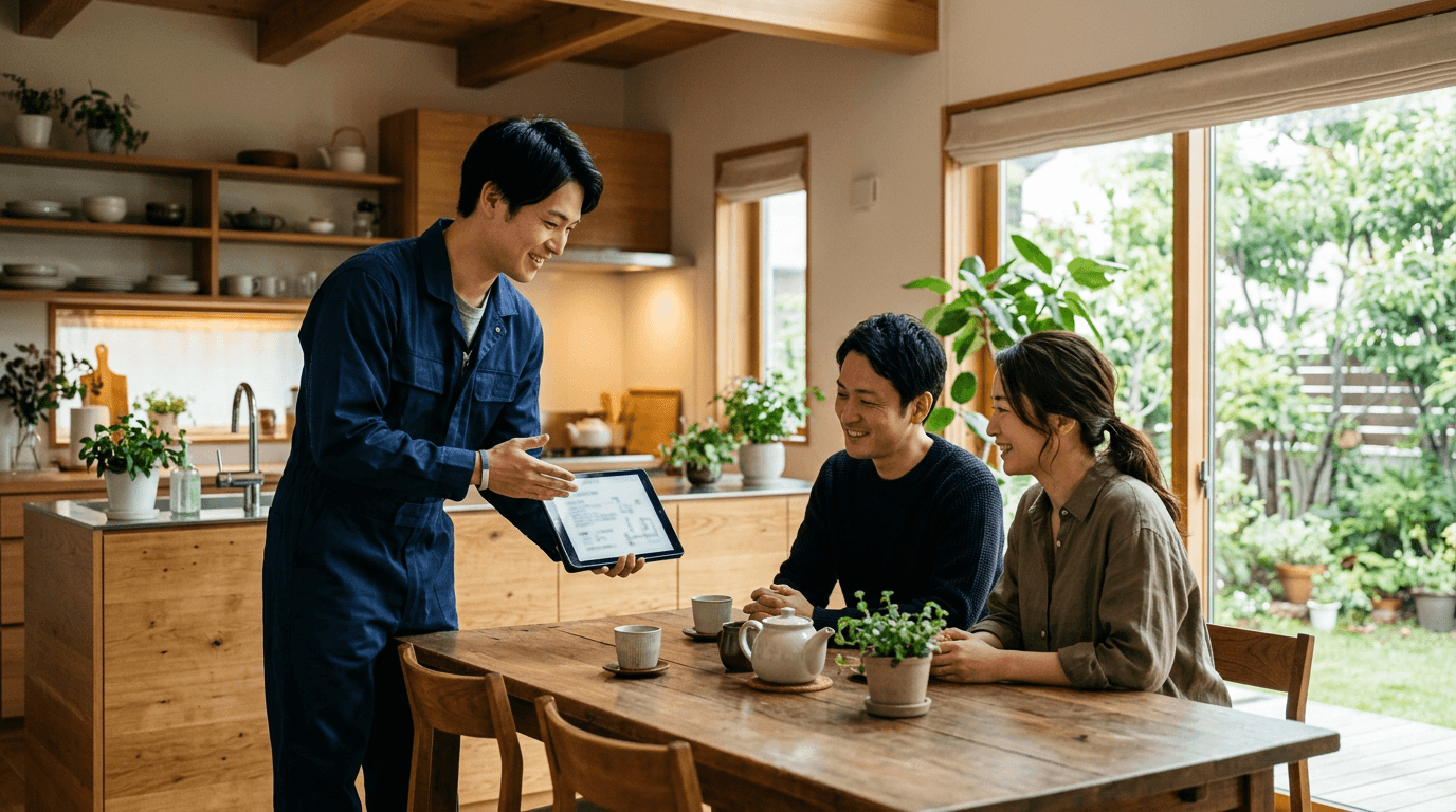 職人がご家庭で水回りの相談に応じるシーン